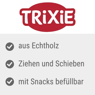 TRIXIE. Aus Echtholz, Ziehen und Schieben, mit Snacks befüllbar.