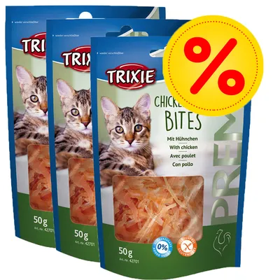 Trixie Chicken Bites kattegodbidder, 3 poser á 50 g. Tekst: Mit Huhnchen, With chicken, Avec poulet, Con pollo. Mærker: 0 % added sugar, glutenfrei. Gul procenttegn for tilbud.