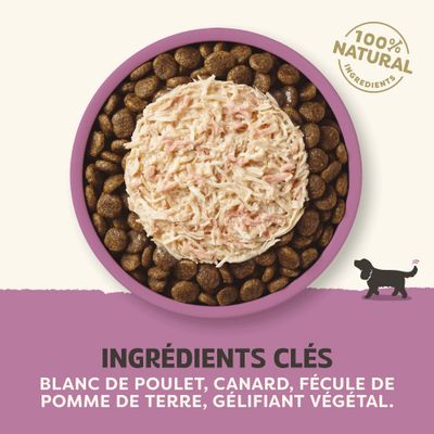 100 % ingrédients naturels. Ingrédients principaux : filet de poulet, canard, fécule de pomme de terre, gélifiant végétal.