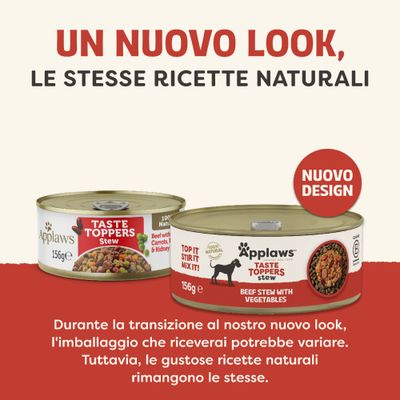 Applaws Taste Toppers Stew manzo con verdure, nuovo design della confezione. La ricetta rimane invariata, la confezione può variare.