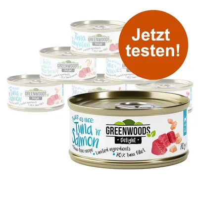 Greenwoods Delight cat food, Tuna 'n' Salmon variety, grain-free recipe, limited ingredients, 70% tuna fillet.