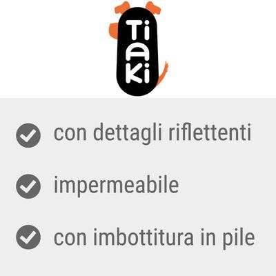Impermeabile verde per cani con strisce rifrangenti, cerniera sulla schiena e polsini elastici alle gambe.