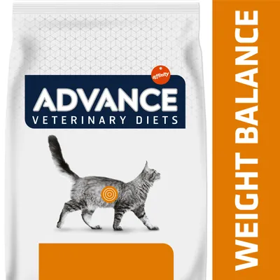 ADVANCE Veterinary Diets affinity -kissanruokkapakkaus, teksti WEIGHT BALANCE, kuvassa kävelevä kissa ja oranssi ympyrä vatsan kohdalla