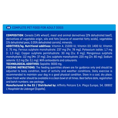 Texte en anglais : composition, additifs nutritionnels et technologiques, instructions d’alimentation, fabricant Affinity Petcare S.A., Plaça Europa 54, 08902 L’Hospitalet de Llobregat (Espagne).