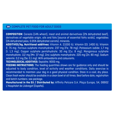 Texte en anglais : composition, additifs nutritionnels et technologiques, instructions d’alimentation, fabricant Affinity Petcare S.A., Plaça Europa 54, 08902 L’Hospitalet de Llobregat (Espagne).