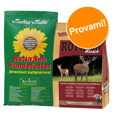 Confezioni di cibo per cani Markus-Mühle NaturNah Hundefutter e Rotwild Hirsch, testo visibile: 'Provami!', garantito kaltgepresst, con ACTICELL Früchtpower, 5 kg.