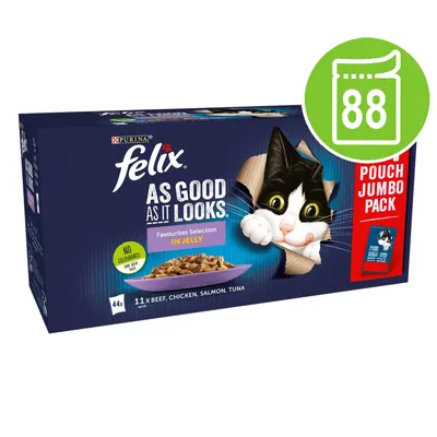 Felix As Good As It Looks Favourites Selection in Jelly, 88 pouch jumbo pack, 44x 11 each beef, chicken, salmon, tuna. No colourants. PURINA brand visible on box.