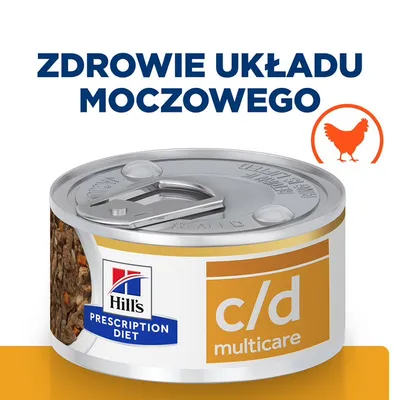 Hill's Prescription Diet c/d multicare. Zdrowie układu moczowego. Grafika kurczaka na białym tle widoczna na opakowaniu puszki.