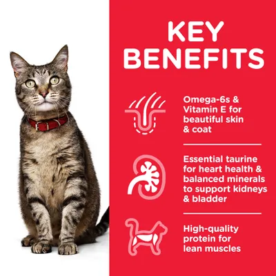 KEY BENEFITS: Omega-6s & Vitamin E for beautiful skin & coat; Essential taurine for heart health & balanced minerals to support kidneys & bladder; High-quality protein for lean muscles. Szöveg angolul.