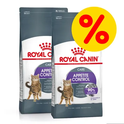 Royal Canin Care Appetite Control kissanruokapakkaukset, kaksi pussia, keltainen alennusprosenttimerkki. Teksti: Proven results over 90 % of owners reported controlled begging in 4 weeks. Royal Canin Care Appetite Control kissanruokapakkaukset, kaksi pussia, keltainen alennusprosenttimerkki. Teksti: Proven results over 90 % of owners reported controlled begging in 4 weeks.