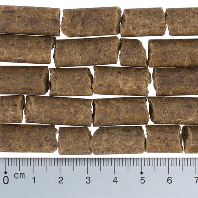 Prikaz izbliza smeđih komadića grickalica duljine oko 5 cm, prikazanih uz ravnalo radi označavanja veličine.