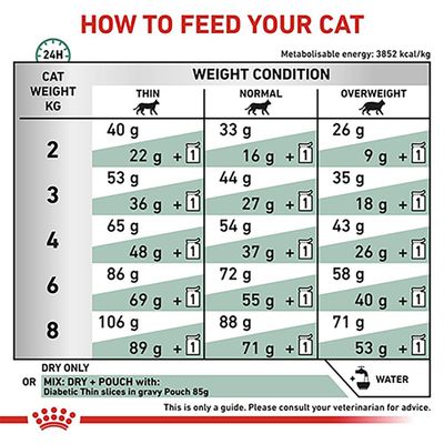 Utfodringsguide för katt: tabell med daglig mängd foder i gram för olika vikter (2–8 kg) och hull (smal, normal, överviktig), samt blandning av torrfoder och portionspåse 85 g.