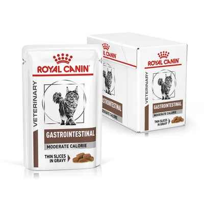 Veterinary gastrointestinal moderate calorie thin slices in gravy, visible on pouch and box packaging.