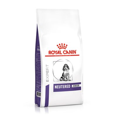 Bag labelled Royal Canin Expert with text Neutered Junior and an illustration of a young animal on the front.
