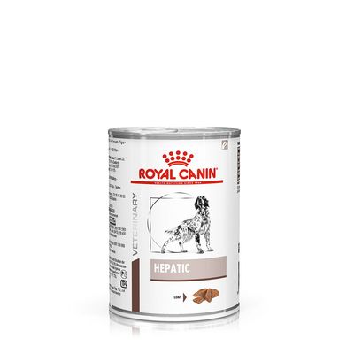 Royal Canin Veterinary Hepatic Loaf – puszka karmy mokrej dla psa, widoczny rysunek psa i kawałki karmy. Tekst: HEPATIC, LOAF.