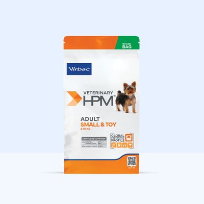 Virbac Veterinary HPM Adult Small & Toy ≤10 kg, Carnivore Nutrition: Magas fehérjetartalom 34%, magas állati fehérje 86%, alacsony szénhidrát 22,5%, újrahasznosítható csomagolás.