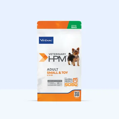 Virbac Veterinary HPM Adult Small & Toy ≤10 kg, Carnivore Nutrition: Magas fehérjetartalom 34%, magas állati fehérje 86%, alacsony szénhidrát 22,5%, újrahasznosítható csomagolás.
