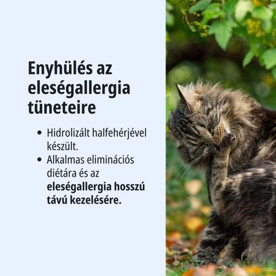 Szövegkép táplálékallergiával kapcsolatos információkkal: hidrolizált halfehérjéből készült, alkalmas eliminációs diétára és a táplálékallergiák hosszú távú kezelésére.