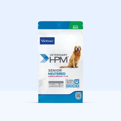 Virbac Veterinary HPM Senior Neutered Large & Medium >11 kg, Carnivore Nutrition: Magas fehérjetartalom 32%, alacsony szénhidráttartalom 30%, Átfogó megelőző profil, újrahasznosítható csomagolás.