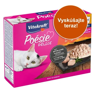 Vitakraft Poésie Délice, balenie s bielou mačkou, kúskami mäsa a textom „Vyskúšajte teraz!“. Viditeľné: „Mit natürlichen Fleischstückchen“, „Made in Germany“.
