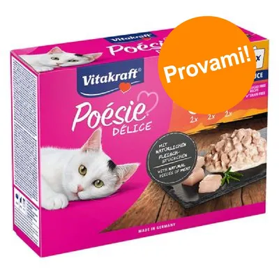Vitakraft Poésie Délice, confezione di cibo per gatti con scritta 'Provami!' e immagine di un gatto bianco e porzione di carne. Testo visibile: 'Mit natürlichen Fleischstückchen'.