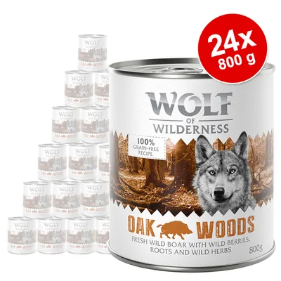 Wolf of Wilderness Oak Woods konzerv, 24×800 g. Felirat: 100% grain-free recipe, fresh wild boar with wild berries, roots and wild herbs. Látható márkanév és terméknév.