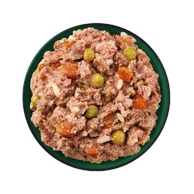 Bowl filled with wet pet food containing visible chunks of meat, peas, carrots and rice.