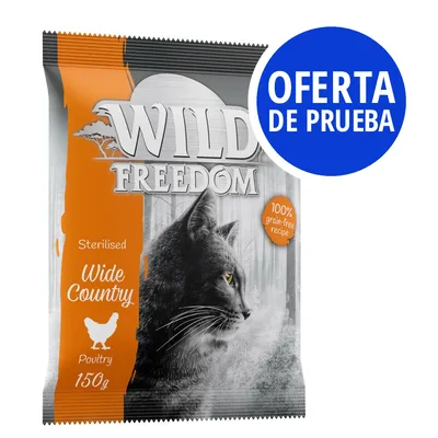 Wild Freedom Sterilised Wide Country Poultry 150 g, receta sin cereales. Oferta de prueba visible en círculo azul.