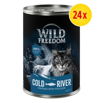 Wild Freedom Cold River Chicken with Pollock 400 g, 100% grain-free recipe, bild på katt. Gul cirkel med röd text: 24x. Wild Freedom Cold River Chicken with Pollock 400 g, 100% grain-free recipe, bild på katt. Gul cirkel med röd text: 24x.