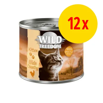 Wild Freedom Kitten Wide Country dåse, 100% grain-free recipe, billede af killing, gul cirkel med rød tekst: 12 x Wild Freedom Kitten Wide Country dåse, 100% grain-free recipe, billede af killing, gul cirkel med rød tekst: 12 x
