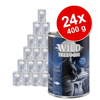 Wild Freedom Cold River, 24×400 g konzervy. Text na obale: 100 % grain-free recipe, Pollock & chicken, Inspired by your cat's natural instincts, 400 g.