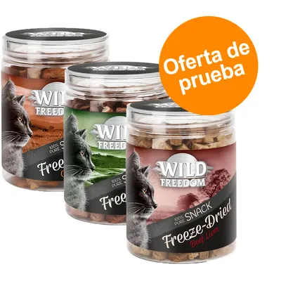 Tres botes de snacks para gatos Wild Freedom Freeze-Dried, uno con texto 'Beef Liver'. Círculo naranja con texto: Oferta de prueba.