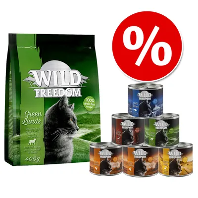 Pachet promoțional Wild Freedom: sac hrană uscată Green Lands 400g și 6 conserve diferite, fiecare cu etichetă vizibilă. Simbol procent roșu pentru reducere.