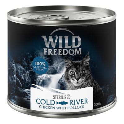 Wild Freedom Sterilised Cold River Chicken with Pollock, 100% grain-free recipe, puszka 200 g. Widoczny kot i wodospad na etykiecie.