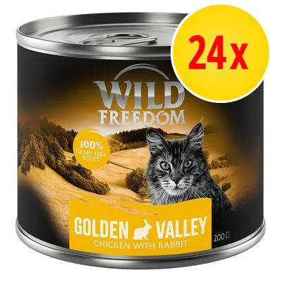 Wild Freedom Golden Valley Chicken with Rabbit, 100% grain-free recipe, 200 g burk. Förpackning med 24 stycken synlig. Wild Freedom Golden Valley Chicken with Rabbit, 100% grain-free recipe, 200 g burk. Förpackning med 24 stycken synlig.
