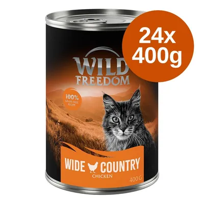 Wild Freedom Wide Country Chicken, 24 x 400 g. Na etykiecie: 100% grain-free recipe. Opakowanie z wizerunkiem kota.