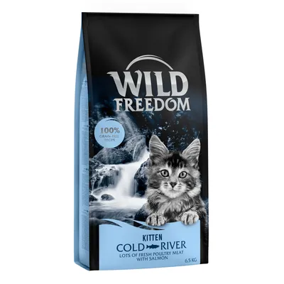 Wild Freedom Kitten Cold River kattefoder, 100% grain-free recipe, lots of fresh poultry meat with salmon, 6,5 kg. Billede af killing på pakken. Wild Freedom Kitten Cold River kattefoder, 100% grain-free recipe, lots of fresh poultry meat with salmon, 6,5 kg. Billede af killing på pakken.
