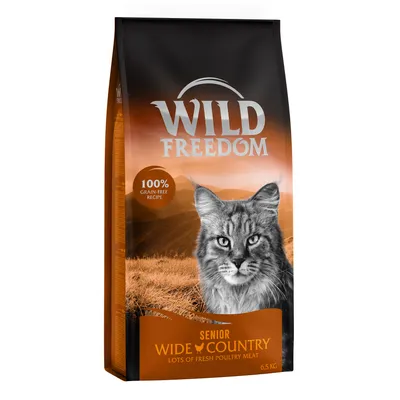 Wild Freedom Senior Wide Country, 100% grain-free recipe, lots of fresh poultry meat, 6,5 kg. Billede af kat på emballagen.