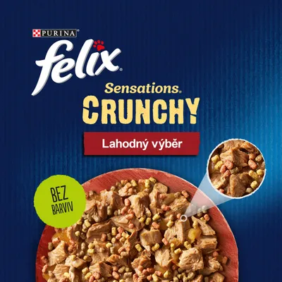 Purina felix Sensations CRUNCHY Lahodný výběr, BEZ BARVIV, zobrazení krmiva v misce s detailním pohledem na kousky.