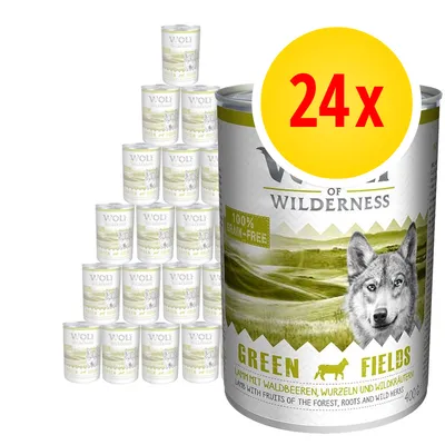 Wolf of Wilderness Green Fields koiran märkäruoka, 24 x 400 g tölkkiä. Etiketissä teksti: 100 % grain-free, Green Fields, Lamb with fruits of the forest, roots and wild herbs. Wolf of Wilderness Green Fields koiran märkäruoka, 24 x 400 g tölkkiä. Etiketissä teksti: 100 % grain-free, Green Fields, Lamb with fruits of the forest, roots and wild herbs.