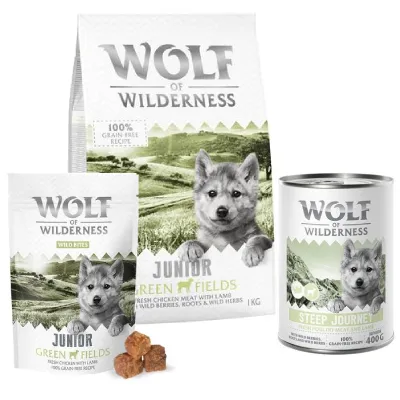 Wolf of Wilderness Junior Probeerpakket - Set van 3 Lam: Droogvoer, Natvoer, Snacks Wolf of Wilderness Junior Probeerpakket - Set van 3 Lam: Droogvoer, Natvoer, Snacks