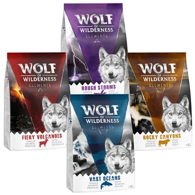 Wolf of Wilderness Elements: Fiery Volcanoes, Rough Storms, Rocky Canyons, Vast Oceans. Viditeľné texty: single animal protein, 1 kg, s morskými riasami, aloe vera, silikátové minerály, lucerna.