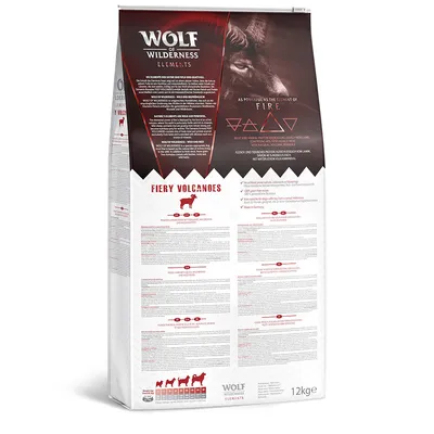 Sac de croquettes Wolf of Wilderness Elements Fiery Volcanoes 12 kg, informations en anglais et allemand, tableau des tailles de chien, logo Wolf of Wilderness visible.