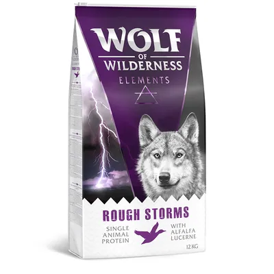 Wolf of Wilderness Elements Rough Storms, Single Animal Protein, With Alfalfa Lucerne, 12 kg - koiranruokapakkaus, violetti ja valkoinen design, salama taustalla