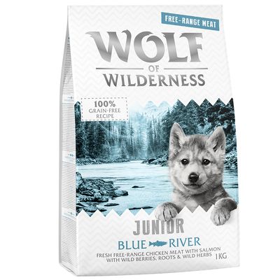 Wolf of Wilderness Junior Blue River poulet élevé en liberté, saumon pour chiot 5 x 1 kg