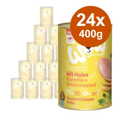 Confezione da 24 lattine Wow Mit Huhn Karotte + Brennnessel, 400 g ciascuna. Testo visibile: 71 %, Poulet-Chicken Pollo. Immagine di pollo e carote sull'etichetta. Confezione da 24 lattine Wow Mit Huhn Karotte + Brennnessel, 400 g ciascuna. Testo visibile: 71 %, Poulet-Chicken Pollo. Immagine di pollo e carote sull'etichetta.