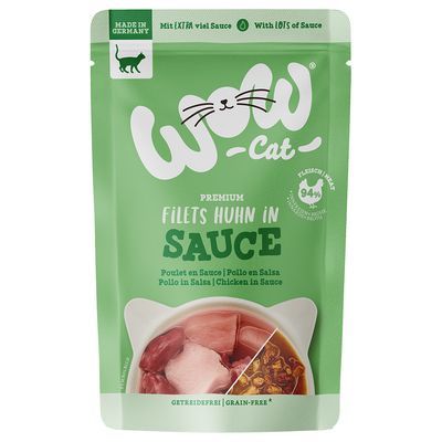 WOW Cat Premium Filets Huhn in Sauce, 94% vlees, graanvrij, Made in Germany, kipfilet in saus voor katten. Tekst ook in Engels, Frans, Spaans en Italiaans zichtbaar.