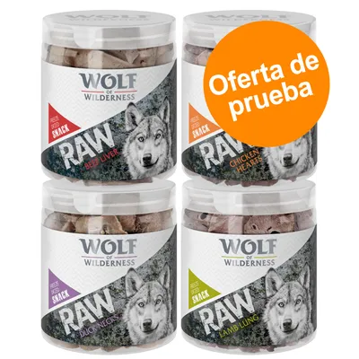 Wolf of Wilderness RAW snacks liofilizados: Beef Liver, Chicken Hearts, Duck Necks, Lamb Lung. Oferta de prueba visible en círculo naranja.