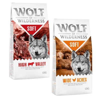  Multipack risparmio! 2 x 12 kg Wolf of Wilderness Adult Soft Crocchette semi-umide per cani - Mix: Wide Acres Pollo + High Valley Manzo