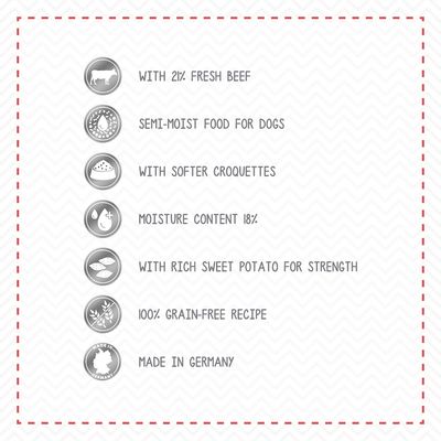 Engelsk text: With 21% fresh beef, semi-moist food for dogs, with softer croquettes, moisture content 18%, with rich sweet potato for strength, 100% grain-free recipe, made in Germany.